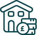 House icon with a money bag symbol, representing mortgage services and remortgaging advice.