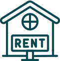 House icon with a rent sign, representing rental property finance and buy to let mortgage services.